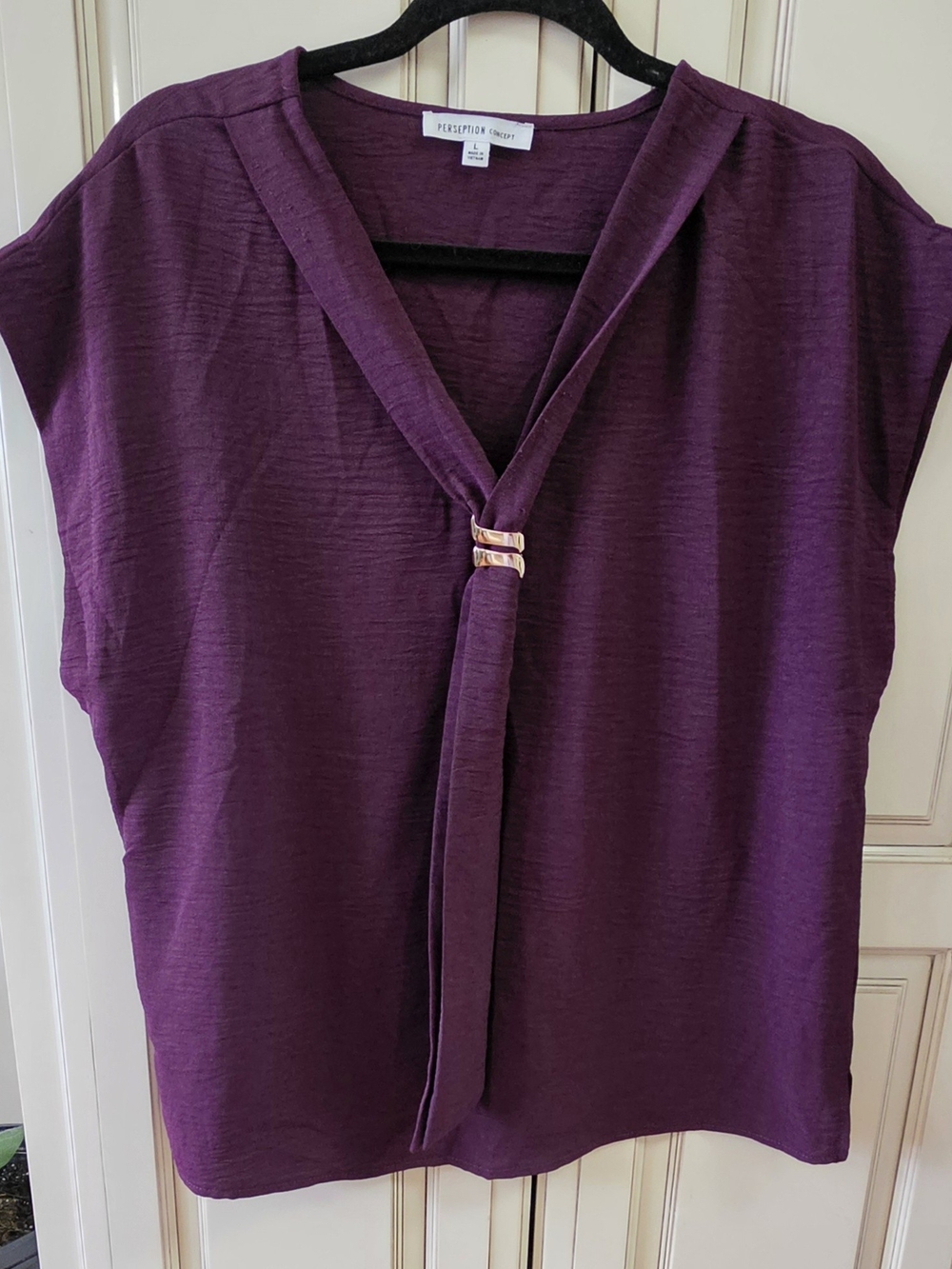 PerSeption Concept Plum Tie-Neck Blouse with Gold Accent